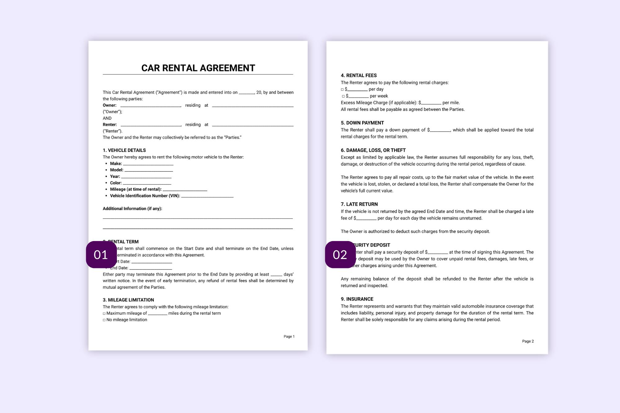 Simple Car Rental Form Word Car Rental Agreement Template | Editable PDF, Word | A4 & US Letter ...