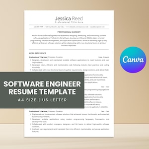 May include: A software engineer resume template on a white document with black text, featuring sections for professional summary and work experience. A dark gray overlay displays the text SOFTWARE ENGINEER RESUME TEMPLATE A4 SIZE | US LETTER.