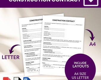 Plantilla de contrato de construcción / Contrato de construcción imprimible / Contrato entre contratista y cliente / PDF editable, Word y Canva