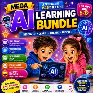 May include: A vibrant illustration promoting an AI learning bundle for kids aged 5-12. The image features two children looking at a laptop displaying an AI graphic. The bundle includes books, workbooks, flashcards, and more, with text emphasizing learning and creativity.