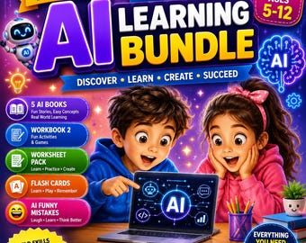 May include: A vibrant illustration promoting an AI learning bundle for kids aged 5-12. The image features two children looking at a laptop displaying an AI graphic. The bundle includes books, workbooks, flashcards, and more, with text emphasizing learning and creativity.