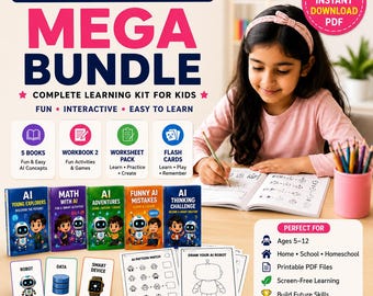 AI Learning mega bundle for Kids | 5 AI books + worksheets + flash Cards | STEm printable PDF | ages 5-12