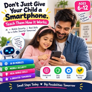 May include: A promotional graphic featuring a small white robot with blue lights next to a stack of four colorful books labeled AI in Mobiles, Mobile Security, Real-world Skills, and A Brighter Tomorrow, with text about teaching children smartphone use.