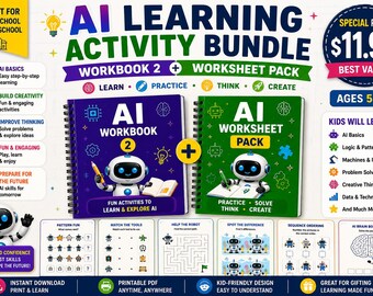 Paquete de actividades de aprendizaje de IA para niños / Cuaderno de ejercicios 2 + Paquete de hojas de trabajo / Actividades STEM imprimibles / Edades de 5 a 12 años