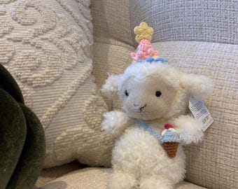 Niebiesko-różowa torebka na lody | Ręcznie robiony na szydełku zestaw czapki i torebki dla pluszowych kotków Jellycat (seria Tiny/13 cm) | Szydełkowe ubranka dla pluszaków