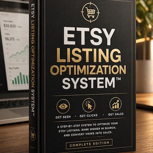 Könnte beinhalten: Ein schwarzes Buch mit dem Titel "ETSY LISTING OPTIMIZATION SYSTEM" mit goldfarbenen Buchstaben und einem Einkaufswagen-Symbol. Das Buch verspricht, Nutzern zu helfen, gesehen zu werden, Klicks zu erhalten und Verkäufe auf Etsy zu erzielen.