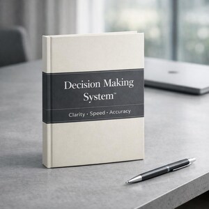 May include: A hardcover book titled "Decision Making System" with a black band featuring white text. The book is cream-colored and sits on a gray surface next to a silver and black pen. The text below the title reads "Clarity • Speed • Accuracy."