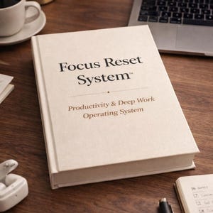 May include: A hardcover book titled "Focus Reset System" with the subtitle "Productivity & Deep Work Operating System" on a wooden desk. Other items include a laptop, coffee cup, pen, and wireless earbuds.