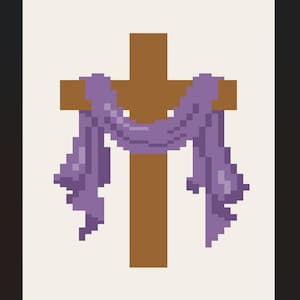 Könnte beinhalten: Pixelige Illustration eines braunen Kreuzes mit einem drapierten lila Tuch. Das Kreuz ist vor einem cremefarbenen Hintergrund zentriert. Das lila Tuch hängt über dem Querbalken, wobei die Enden auf beiden Seiten herabhängen.