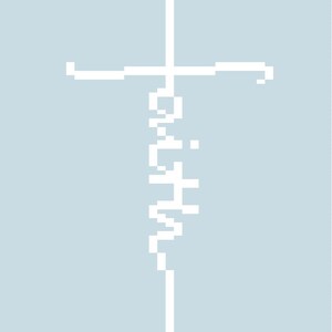 May include: A white pixelated cross with the word "faith" written vertically in a stylized font. The design is set against a light blue background, creating a simple yet impactful visual.