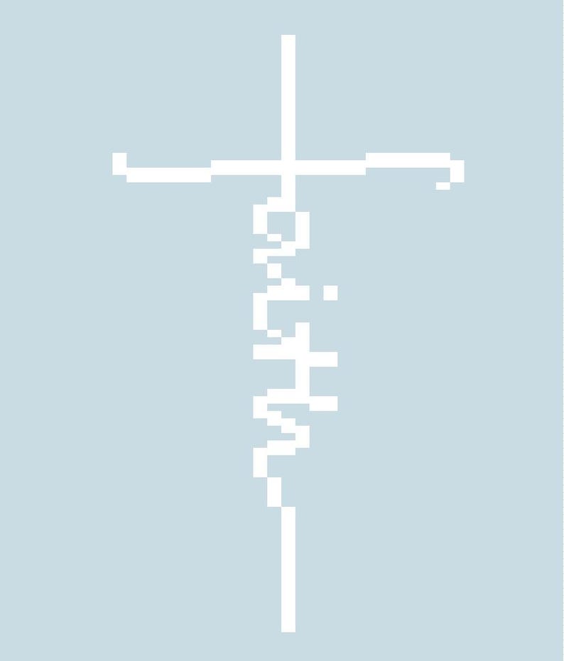 May include: A white pixelated cross with the word "faith" written vertically in a stylized font. The design is set against a light blue background, creating a simple yet impactful visual.