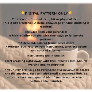 May include: A white mug with a handle sits on a soft, textured surface. Text on the image reads "DIGITAL PATTERN ONLY" and details about a downloadable knitting pattern, including instructions and a chart.