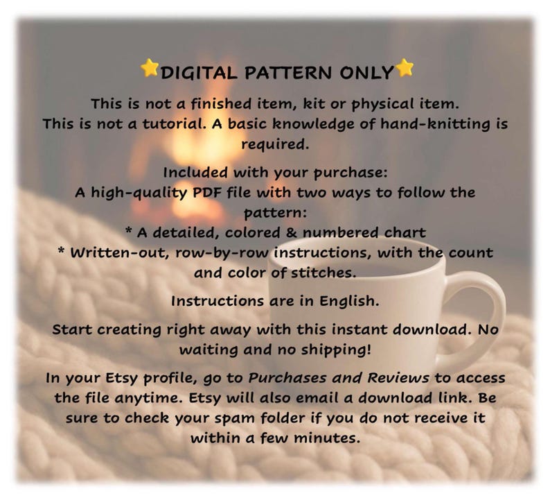 May include: A white mug with a handle sits on a soft, textured surface. Text on the image reads "DIGITAL PATTERN ONLY" and details about a downloadable knitting pattern, including instructions and a chart.