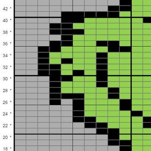 May include: A pixelated chart with a grid of gray squares. A green leaf shape is formed by green and black squares. The chart has numbers and asterisks along the left side, indicating a grid system for reference.