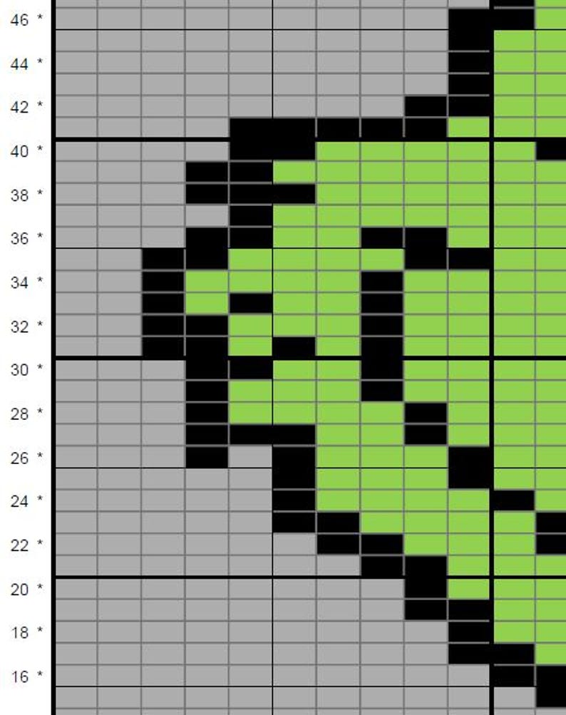 May include: A pixelated chart with a grid of gray squares. A green leaf shape is formed by green and black squares. The chart has numbers and asterisks along the left side, indicating a grid system for reference.