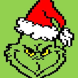 May include: Pixelated image of a green character wearing a red Santa hat with white trim. The character has yellow eyes and a mischievous expression, set against a light green background.