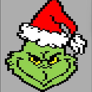 May include: Pixelated image of a green character with a red Santa hat and white trim. The character has yellow eyes and a grumpy expression. The background is a solid gray color. The image is a Christmas-themed design.