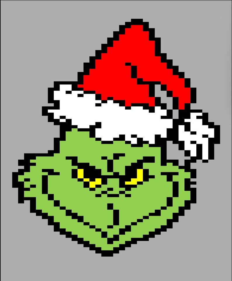 May include: Pixelated image of a green character with a red Santa hat and white trim. The character has yellow eyes and a grumpy expression. The background is a solid gray color. The image is a Christmas-themed design.