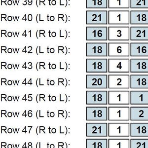 May include: A chart with rows and columns of numbers, likely for a knitting or crochet pattern. The rows are labeled 39 through 48, with numbers in each row. The numbers are in a grid format, with each cell containing one or two digits.
