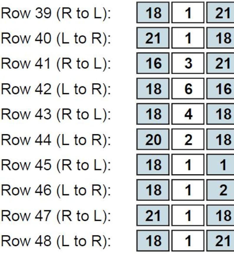 May include: A chart with rows and columns of numbers, likely for a knitting or crochet pattern. The rows are labeled 39 through 48, with numbers in each row. The numbers are in a grid format, with each cell containing one or two digits.