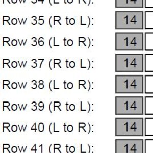 May include: A close-up of a printed document with rows of text and numbers. Each row is labeled with a row number and direction, followed by the number 14 in a gray box. The text is in black font on a white background.