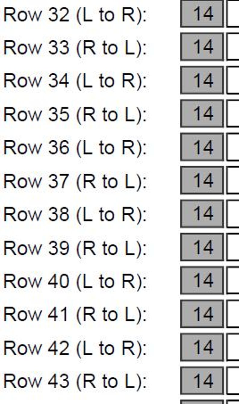 May include: A close-up of a printed document with rows of text and numbers. Each row is labeled with a row number and direction, followed by the number 14 in a gray box. The text is in black font on a white background.