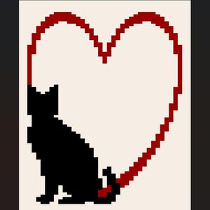 Puede incluir: Ilustración pixelada de la silueta de un gato negro dentro de un corazón rojo. El gato está sentado, y el corazón está delineado con píxeles rojos sobre un fondo crema. La imagen tiene un estilo gráfico simple.
