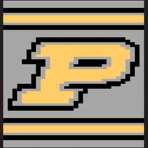 May include: Pixelated design featuring a gold letter "P" on a gray background, outlined in black. The design includes horizontal gold and black stripes at the top and bottom, creating a bold, graphic look. The overall aesthetic is reminiscent of a digital or retro style.