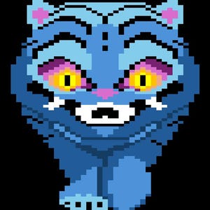 May include: A pixel art illustration of a blue cat with yellow eyes, pink details, and a white mouth, set against a black backdrop. The cat is shown from the front, with a retro video game style.