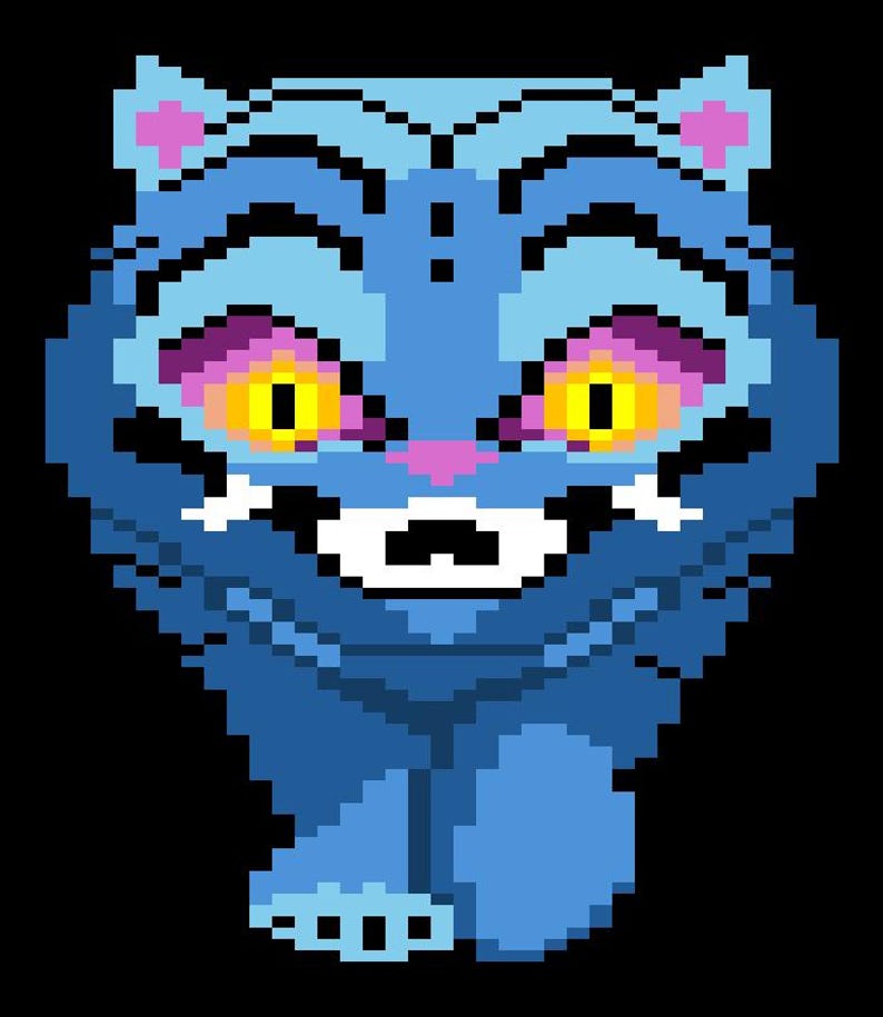 May include: A pixel art illustration of a blue cat with yellow eyes, pink details, and a white mouth, set against a black backdrop. The cat is shown from the front, with a retro video game style.