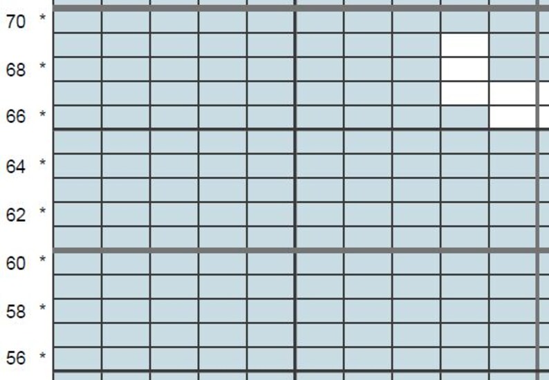 May include: A grid pattern with light blue squares and dark gray lines. The numbers 70, 68, 66, 64, 62, 60, 58, and 56 are visible along the left side, with asterisks next to them. The grid is evenly spaced.