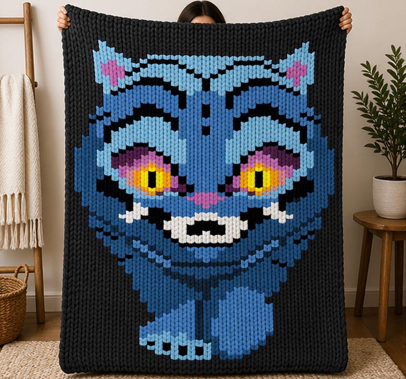 May include: A large, black knitted throw blanket featuring a blue cat face with yellow eyes, pink ears, and a wide grin. The cat design is pixelated, giving it a unique, textured appearance. The blanket is held up by a person.