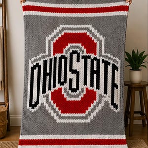 Puede incluir: Manta de punto gris con el logotipo de Ohio State en rojo, blanco y negro. La manta tiene un borde a rayas en rojo y blanco. La palabra "OHIO STATE" se muestra en letras negras en negrita.