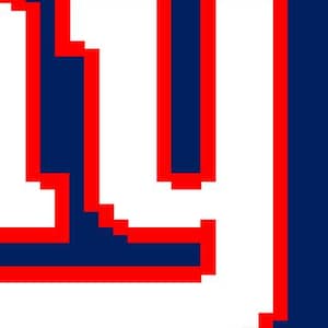 May include: A pixelated design featuring the letters "NY" in white with a red outline, set against a navy blue background. Red and white stripes border the top and bottom, creating a bold, graphic look, reminiscent of a sports team logo.