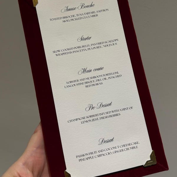 Menús de boda de terciopelo / Menús de terciopelo de una sola cara estilo restaurante / Menús de lujo / Invitación de boda / Recuerdo de boda / Menús personalizados