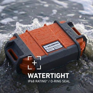 May include: An orange and gray watertight case with the text "SCORPIO" and "ARK-74" on the front. The case is in water, with the text "WATERTIGHT" and "IP68 RATING* / O-RING SEAL" visible.