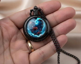 Red Rose Starry Sky Pocket Watch Necklace | Black Chain, Romantic Gift, Gift for Her, Gift for Him