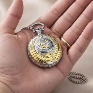 Vintage Soviet Emblem Pocket Watch | Hammer Sickle Design | Retro Chain Necklace, Gift for Her, Gift for Him