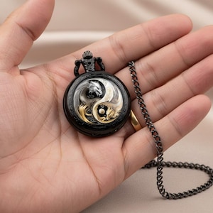 Yin Yang Dragon Pocket Watch | Golden Silver Quartz Movement