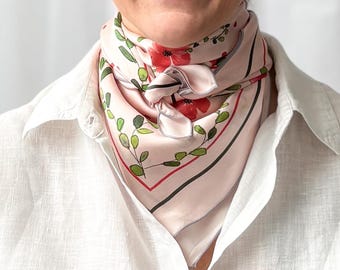 26”x26” poppies exclusive print silk square, 100% silk charmeuse 66x66 cm silk scarf, pink and red cute print head scarf,