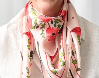 36”x36” poppies exclusive print silk square, 100% silk charmeuse 90x90 cm silk scarf, pink and red cute print head scarf,