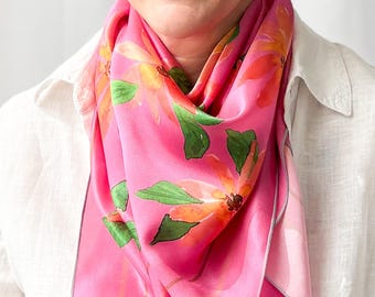 36”x36” purple wildflowers exclusive print silk square, 100% silk charmeuse 90x90 cm silk scarf, fushia and red cute print head scarf,