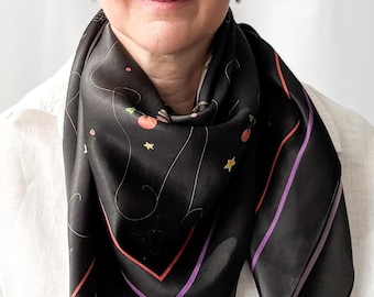 36”x36” Halloween exclusive print silk square, 100% silk charmeuse 90x90 cm silk scarf, black and orange cute goth print head scarf,