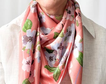 36”x36” Blush pansies exclusive print silk square, 100% silk charmeuse 90x90 cm silk scarf, blush pink cute print head scarf