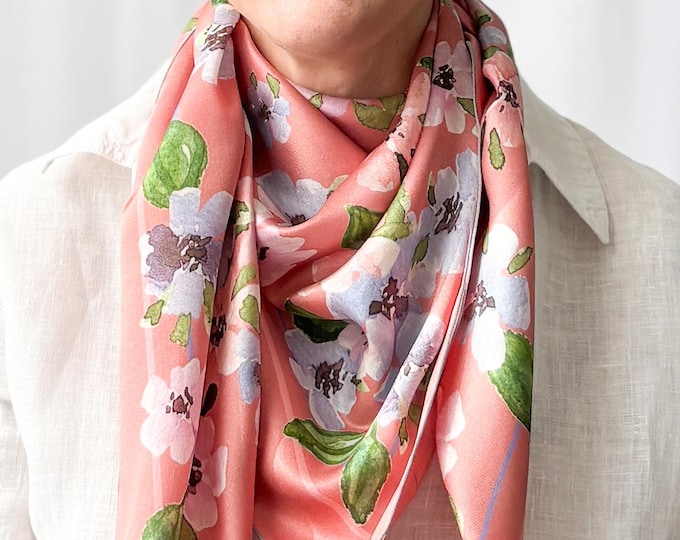 36”x36” Blush pansies exclusive print silk square, 100% silk charmeuse 90x90 cm silk scarf, blush pink cute print head scarf