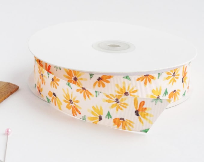Marigold 1" grosgrain ribbon by the yard/  Yellow and orange ribbon / Floral grosgrain ribbon by the yard