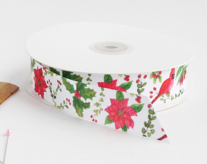Poinsettia 1" grosgrain ribbon by the yard/  Xmas ribbon / Holidays grosgrain ribbon by the yard