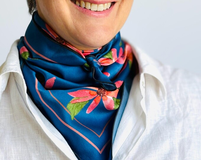 26”x26” Navy wildflowers exclusive print silk square, 100% silk charmeuse 66x66 cm silk scarf, navy and red cute print head scarf