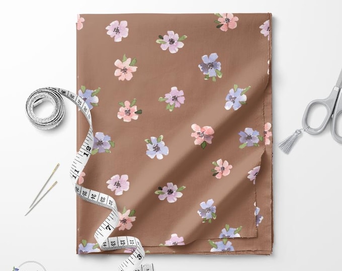 Mocha pansy flowers print fabric / Exclusive print / Floral print / Cotton quilting fabric by the yard