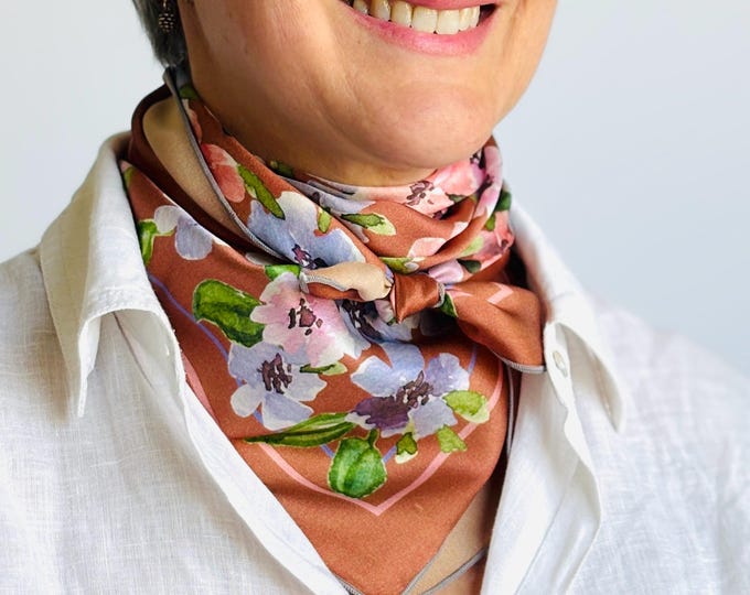 26”x26” Mocha pansies exclusive print silk square, 100% silk charmeuse 66x66 cm silk scarf, brown and pink cute print head scarf